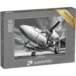 Puzzle 1000 Teile XXL „Historisches Flugzeug auf Einer Landebahn, schwarz-weiß“ – aus der Puzzle-Kollektion Flugzeuge