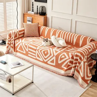 VanderHOME Chenille Sofa Überwurfdecke Große 2/3 Sitzer Sofaüberwurf Vielseitige Wohndecke als Dekodecke, Couch Überwürf, Sofa Überzug und Tagesdecke mit Deko Quasten 180 * 420cm-Orange