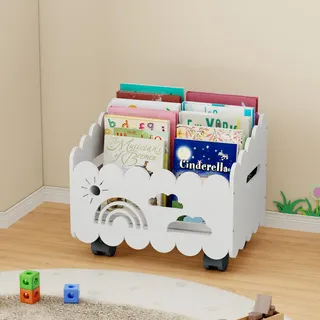 DUHARS Kinder Bücherregal Holz mit Rollen, Montessori Bücherregal Kinder, Bücherkiste für Leseecke, Babyzimmer, Bücherbank, Spielzeug Organizer Regal Kinderzimmer Aufbewahrung, Weiß