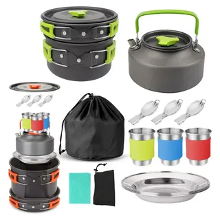 Camping-Kochgeschirr-Set, Outdoor-Kochausrüstung für Camping, Wandern und Picknicks für 2–3 Personen, All-in-One-Kompakt-Camping-Kochset - Silber