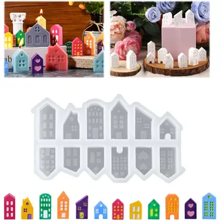 Silikonformen Gießformen Häuser, 12 Stück Gießformen Häuser Weihnachten, Gießformen Silikon Haus Mini, 3D Silikonform Haus GießformenHäuser, Gießen Giessformen Silikon DIY für Kerzen Seife Gips