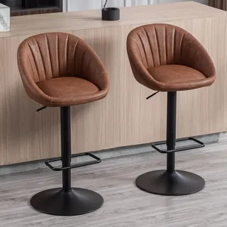 Ya-Home Barhocker 2er Set höhenverstellbar mit Fußstütze, Braun | Metallgestell, gestepptes Design, mit Kunstleder bezogen, drehbarer Sitz, höhenverstellbarer Küchenhocker