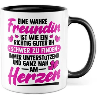 Freundin Tasse mit Spruch Kaffeetasse Freundschaft Geschenk BH Witz Freundschaft Geschenkidee BFF Freundinnen Kaffee-Becher Geburtstag Frauen Wahre Freunde nah am Herzen (Weiß/Schwarz)