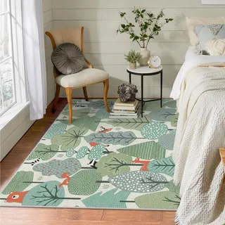 buyluhn Waschbar Wohnzimmer Teppich Waldtiere 70x140 Kurzflor Schlafzimmer, Grün Gegend Dünn Bettvorleger Saugfähig für Jugendzimmer Jungen Mädchen
