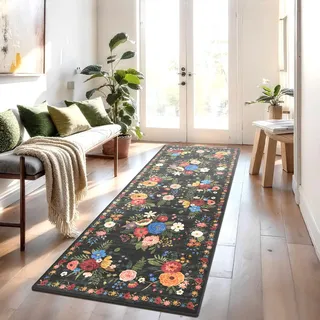 Küchenteppich Flur Teppich 60*240cm, Blumen Teppich Kurzflor, Küchenteppich Waschbar, Flurteppich Läufer Lang Rutschfester für Küche, Bettvorleger Schlafzimmer, Büro, Flur, Eingangsbereich, Schwarz