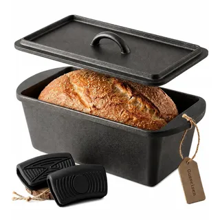 XENIA Brotbackform mit Deckel 28cm - Inkl. Silikongriffe - Gusseisen Kastenform für Brot & Sauerteig - 3L Dutch Oven & Bräter rechteckig - Brottopf für Induktion & Backofen geeignet