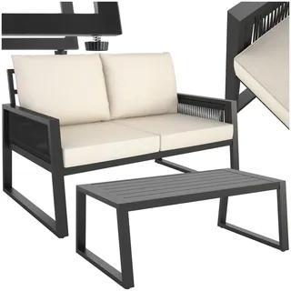 tectake® Rope Design Lounge Möbel Set für Garten oder Balkon, Outdoor Sitzgruppe Terrassenmöbel mit 1x Sofa 1x Tisch in Holz Optik, inkl. Gartenmöbel-Kissen, wetterfest