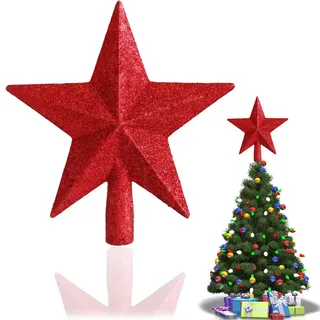 Weihnachtsbaumspitze Stern Rot (20cm) – Christbaumspitze aus bruchsicherem & leichtem Kunststoff (20g) – Glänzende Baumspitze Weihnachten Sternform für Tannenbaum, Dekoration Spitze Weihnachtsbaum