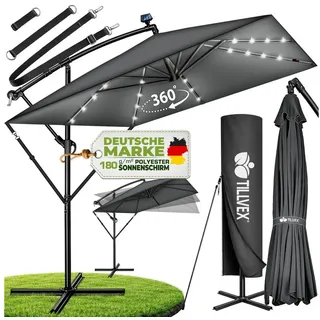 tillvex Sonnenschirm tillvex® Sonnenschirm LED Solar 235 x 235 cm Ampelschirm Gartenschirm, Kurbelschirm Marktschirm wasserdicht 360° drehbar, mit Kurbel & Windschutz Gartenschirm Aluminium, Alu Ampelschirm Ø330 cm Rechteckig mit LED Solar + Abdeckung