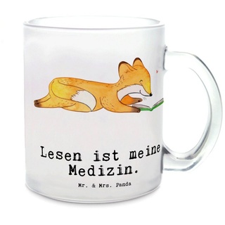Mr. & Mrs. Panda Teeglas Fuchs Lesen - Transparent - Geschenk, Teeglas, Glas Teetasse, Teetass, Premium Glas, Edler Aufdruck