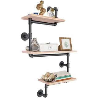 Vintage Industrial Rohr Wandregal 3 Ebenen Schwebendes Lagerregal Lagerregal Industrial Rohren Holz Aufhänger für Wohnzimmer Schlafzimmer Büro Studio
