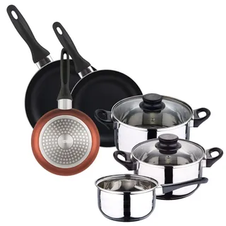 Well Home Kochgeschirr-Set, 5-teilig, Edelstahl + 3 Pfannen, Ø 16 x 20 x 24 cm, Kupfer metallisiert aus gepresstem Aluminium