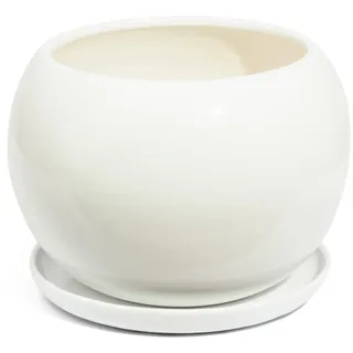 Ecoceramik Keramik Blumentopf Unikat Kugel handbemalt D 150 mm Weiss inkl. Untersetzer