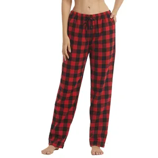 YUSHOW Schlafanzughose Damen Lang Flanell Baumwolle Karierte Pyjamahose Winter Weich Nachtwäsche Hose Freizeithose mit Taschen und Kordelzug, Rot Schwarz Kariert Größe S - S