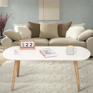 VIIROUD Couchtisch, Weiß, Wohnzimmertisch, Beistelltisch, Sofatisch, skandinavisches Design, Holz, für 4 bis 6 Personen, weiß, 110 x 50 x 45 cm, Weiß
