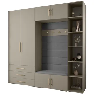 Abiks Möbel Garderoben-Set, Kaschmir, Grau, Gold, Holz, Nachbildung, 2-Sitzer, 13 Fächer, 240x236.7x47 cm, Garderobe, Garderoben-Sets & Serien, Garderoben-Sets