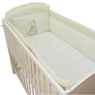 Babybett Nestchen & Bettumrandung WALLES für Bettchen in Größe 70x140 aus 100% Baumwolle bestickt mit einem Teddybär mit Herz Hellbeige