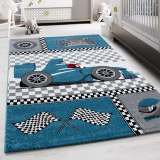 Teppium Kinderteppich für Jungen und Mädchen Rennwagen Muster 120 x 170 cm Blau - Kurzflor Waschbarer Teppich Extra Weich und Antiallergen - Teppich für Kinderzimmer, Babyzimmer und Spielzimmer