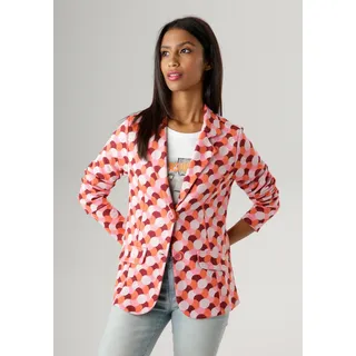 Kurzblazer ANISTON SELECTED, Damen, Gr. 36, bunt (rosa, sanftes weiß, dunkelrot, hellorange), Jersey, Sweatware, Obermaterial: 68% Polyester, 27% Viskose, 5% Elasthan, Jacquardmuster, modisch, figurbetont hüftlang, Langarm, Blazer, in Jacquard-Qualität