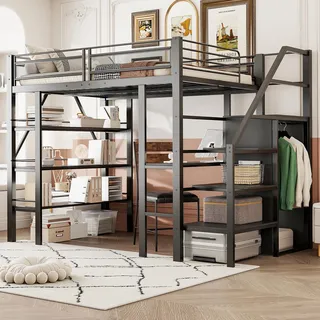 Merax Hochbett aus Metall, 140 x 200 cm, mit Schreibtisch, einfacher Kleiderschrank, und Regal, multifunktionales Hochbett mit Treppe, für Kinder, Schwarz (ohne Matratze)