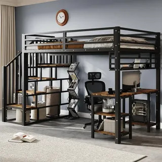 Merax Etagenbett 120x200 mit Schreibtisch, Eisenhochbett mit Treppen, Handläufen und Aufbewahrungsregal, Kinderbett mit Stabiler Lattenrost, Schwarz - Schwarz