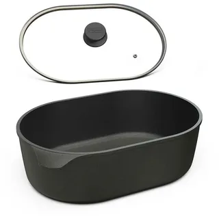 Hoffmann Germany Bräter Aluguss Antihaft Gänsebräter 40×27 cm mit Glasdeckel – Made in Germany, Aluguss (Set, 2-tlg., 1x Bräter 40×27 cm + 1x Glasdeckel), Schmortopf, 8,5 l, 250°C, 2 Kochfelder od. ovales Kochfeld schwarz