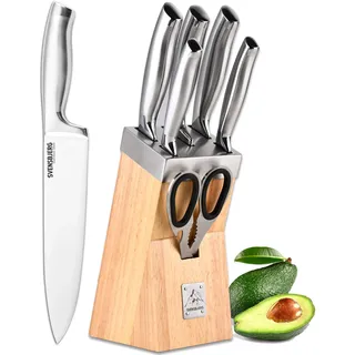 SVENSBJERG Messerblock mit Messerset bestückt, 5 Profi-Küchenmesser, modernes skandinavisches Design aus Massiv-Holz, scharf Edelstahl-Kochmesser-Set, hochwertige rostfreie Messer