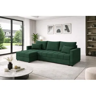 Aurelia L Wohnlandschaft Couchgarnitur Ecksofa in L-Form mit Schlaffunktion, Bettkasten und Kissen - Grün