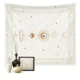 Zyronn Wandteppich Mondphasen-Wandteppich,Wandbehang Deko,Tarot Wanddeko,Boho-Stil, Retro-Astrologie-Wanddekoration für Schlafzimmer und Wohnzimmer weiß 130 cm x 150 cm