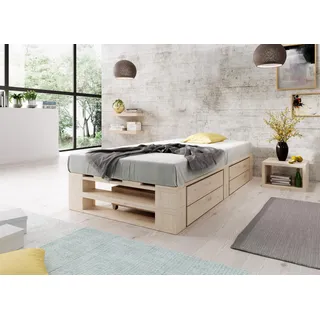 Lermowood Palettenbett M2 aus Holz 120 x 200 cm Natur mit Lattenrost und 2 Bettkästen Holzbett 30cm Stabiles Seniorenbett Kinderbett Jugendbett Gästebett erhöhtes Bettgestell Futonbett Komforthöhe
