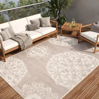 TAPISO Patio Teppich Outdoor Indoor Beige Grau Blumen Ornament Sisaloptik Strapazierfähig Wasserfest Wetterfest Küche Wohnzimmer ÖKO-TEX 300 x 400 cm