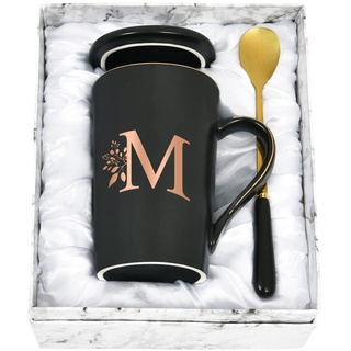 Joymaking Personalisierte Tasse mit Buchstaben Kaffeetasse mit Blumen Motiv, Namen Initiale persönliche Geschenke Kaffeetasse für Frauen Freundin, M - 400ml Schwarz