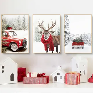 CULASIGN 3er Weihnachten Poster Set, Moderne Winter Wandbilder, Premium Bilder Kunstdrucke Schnee, Rentier, Rot Auto, OHNE Rahmen, Wanddeko Wohnzimmer & Schlafzimmer (ABC,50x70cm)