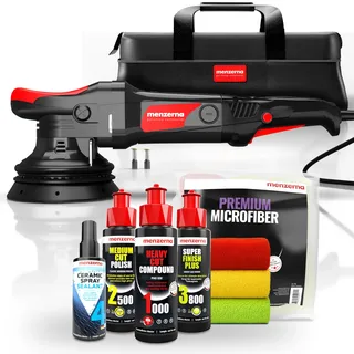 Menzerna Auto Politur Set | Exzenter Poliermaschine MZ-XR mit 125mm Stützteller + 3 x 100ml Politur + Poliertücher + Sprühversiegelung | 15mm Hub 720W