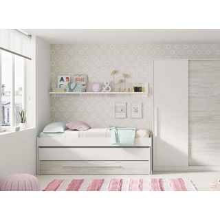 Einzelbett Sunnyvale, Bettrahmen für Schlafzimmer, Einzelbett mit ausziehbarem Kinderbett und passender Kommode und Regal, 199x96h65 cm, Weiß