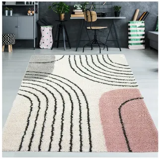 TeppichHome24 Teppich Hochflor Teppich mit runden Formen, rechteckig beige|grau|rosa 140 cm x 200 cm