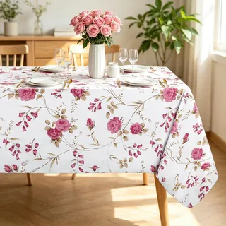 Arquiel Blume Tischdecke Rechteckige, Rosa Vintage Tischtuch Abwischbar PVC Wasserdicht Wachstischdecken Pflegeleicht Einfache Tischbelag Für Küche Und Party Outdoor Schmücken 152x213cm