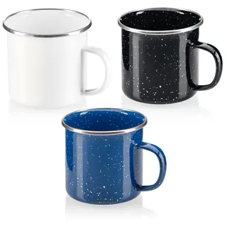 com-four® 3x Emaille-Becher, Trinkbecher aus emaliertem Edelstahl, Teepott | Kaffeetasse für Outdoor und Camping - 3-teiliges Becherset - spülmaschinengeeignet