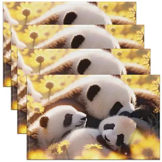 4Pcs von Niedlichen Panda Tischsets,3D Panda Muster Platzmatten,Gelbe Gänseblümchen Blumen Tischmatten für Kinder Teens Erwachsene,Natur Tier Thema wasserdichte Tischsets 45Bx30L