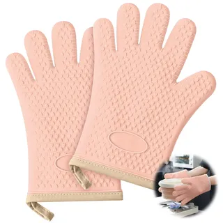 Ofenhandschuhe, hitzebeständig, dickes Silikon-Baumwollfutter, Küchenhandschuhe für 1200 °C, wasserdicht und rutschfest, Set mit 2 Ofenhandschuhen mit fünf Fingern zum Backen, Kochen, Grillen,