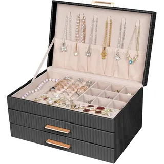 Dajasan Schmuckkästchen, Groß Schmuckaufbewahrung, 3 Ebenen Schmuckkasten mit 2 Schubladen, Schmuckbox für Schminktisch, PU-Leder Vertikale Textur, Modern, Geschenk für Damen Mädchen (Schwarz)