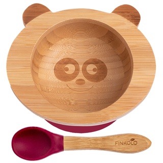 Finkolo Baby-Schüssel mit Saugnapf und Löffel aus natürlichem Bambus | Das Original 'Bambol' von Finkolo | Panda-Form | Geschirr zum Lernen | Essens-Set