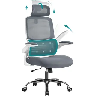 SONGMICS Bürostuhl, Schreibtischstuhl, ergonomisch, klappbare Armlehnen, hohe Rückenlehne, Netzstuhl mit Lendenwirbelstütze und Verstellbarer Kopfstütze, Wippfunktion, Taubengrau OBN040G01