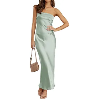 Vagbalena Damen Sommer 2023 Satin Trägerloses Kleid Elegante Kleider Abend Party Abendkleider Sexy Rückenfrei Hochzeit Cocktail Maxi Kleid (Hellgrün,M) - M