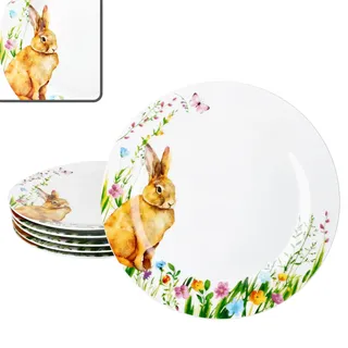 MamboCat 6er Set Osterfreude Speiseteller I Ø 27cm I frühlingshafte Porzellan-Essteller mit Osterhasen-Dekor für 6 Personen I große Teller für Hauptmahlzeiten, zum Grillen & Co.