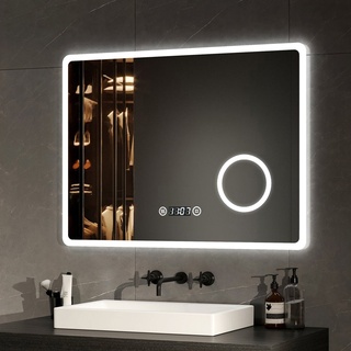 EMKE Badspiegel Badspiegel mit Beleuchtung LED Wandspiegel mit 3-fach Vergrößerung, Touchschalter, Beschlagfrei, Uhr,Energiesparend (Modell M) Kaltweiß+Uhr - 90 cm x 70 cm