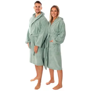 Lavea Bademantel Mexico, Lang, Premium Morgenmantel aus 100% Baumwolle, mit Kapuze, howertiger Bindegürtel, Weich & Saugstark - Spa Feeling für Zuhause grün L