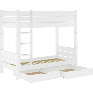Erst-Holz Etagenbett für Erwachsene Kiefer weiß 100x200 teilbar 2 Rollroste Bettkästen 60.16-10WT100S2