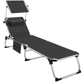 tectake® Sonnenliege mit Dach, Balkonliege aus Aluminium, klappbare Gartenliege, wetterfest, Liegestuhl für Garten, Camping und Strand, Verstellbarer Rückenlehne, Kopfkissen & Seitentasche - schwarz