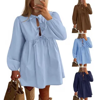 YGSIKY Damen Minikleid mit Langen Puffärmeln und Fliege vorne,Schößchen,Herbstkleider,A-Linie kurzes Rüschenkleid süßes fließendes Tunikakleid,Babydoll-Schößchen,lässiges Mini-Tunikakleid